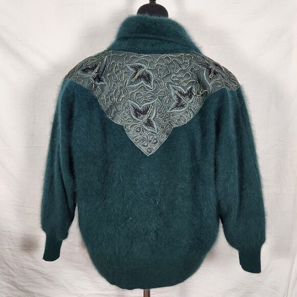 VNTG Belldini Dark Teal Angora Embellished Button Up Lined Sweater Jacket Sz Med - Picture 11 of 16